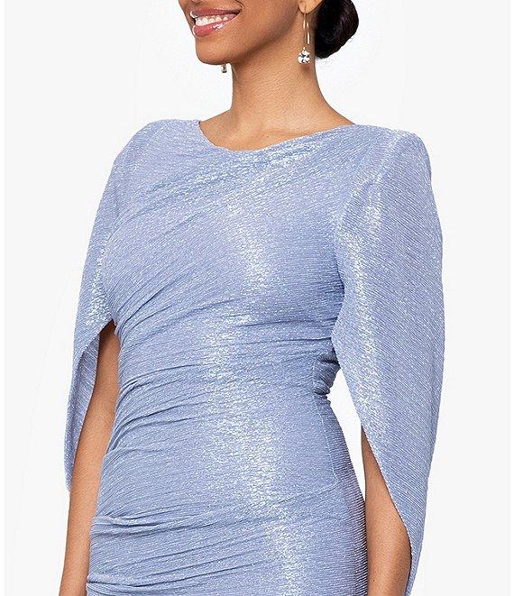 Betsy & Adam Drape Back Detail 3/4 Cape Sleeve Draped Round Neck Metallic Crinkle Ruched Sheath Gown Product Image