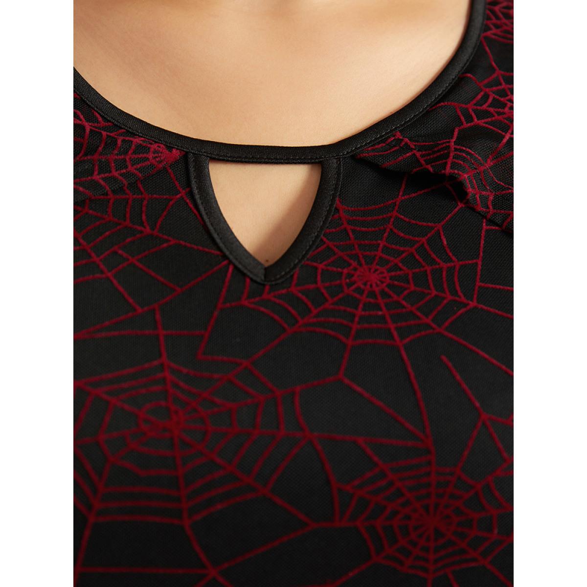 Plus Size Halloween Spider Web Pattern Keyhole Dress Black Women Party Gathered Notched collar Half Sleeve Curvy Midi Dress BloomChic 26/4X Product Image