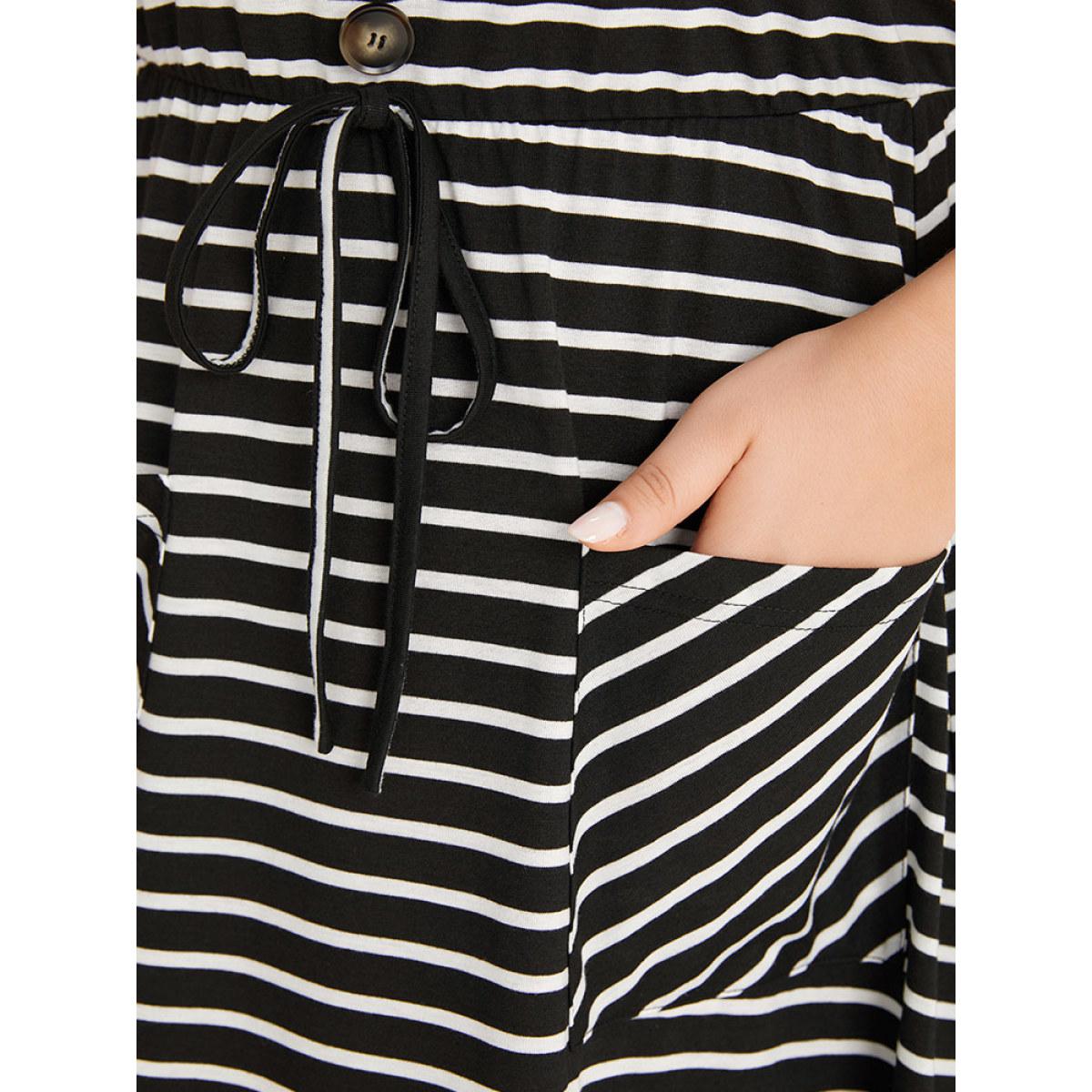 Plus Size Striped Button Detail Pocket Curved Hem Cami Dress Black Women Elegant Gathered Spaghetti Strap Sleeveless Curvy Midi Dress BloomChic 22-24/3X Product Image