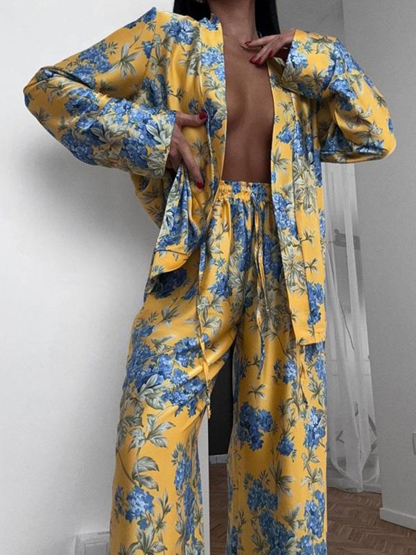 Loose Printed Split-Joint Deep V-Neck Lace-Up Blouse + Drawstring Elasticity Pants Trousers Two Pieces Set Product Image