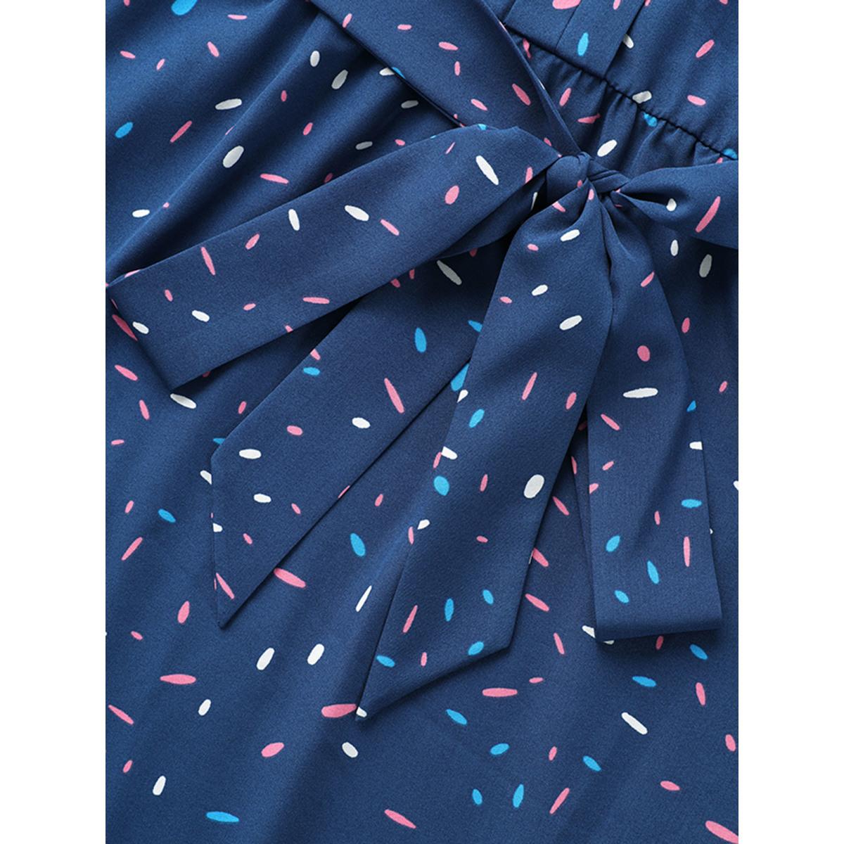 Plus Size Split Neck Confetti Print Midi Dress DarkBlue Women Elegant Belted Notched collar Short sleeve Curvy BloomChic 10/M Product Image