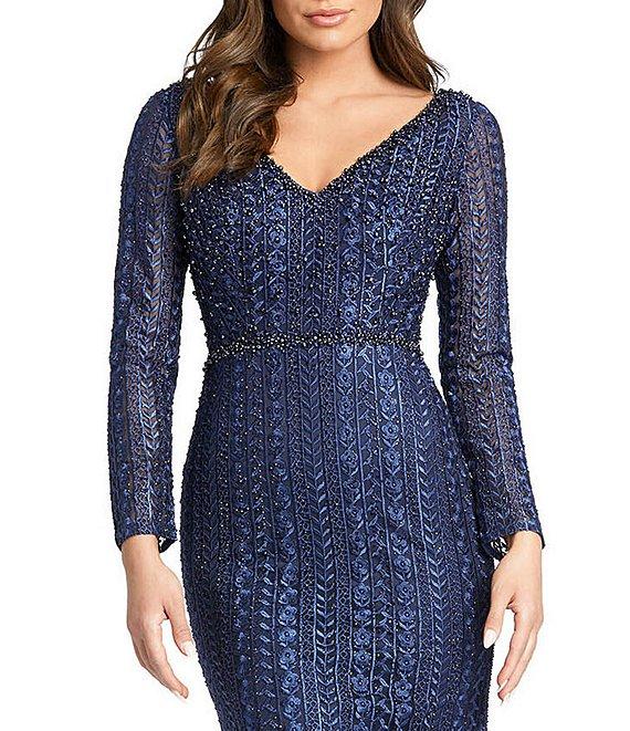 Mac Duggal Embroidered Long Sleeve V-Neck Mermaid Gown Product Image