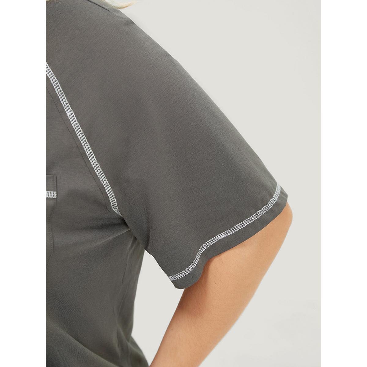 Plus Size Solid Contrast Stitch Raglan Sleeve Patched Pocket T-shirt DimGray Women Casual Stitch Plain Round Neck Dailywear T-shirts BloomChic 18-20/2X Product Image