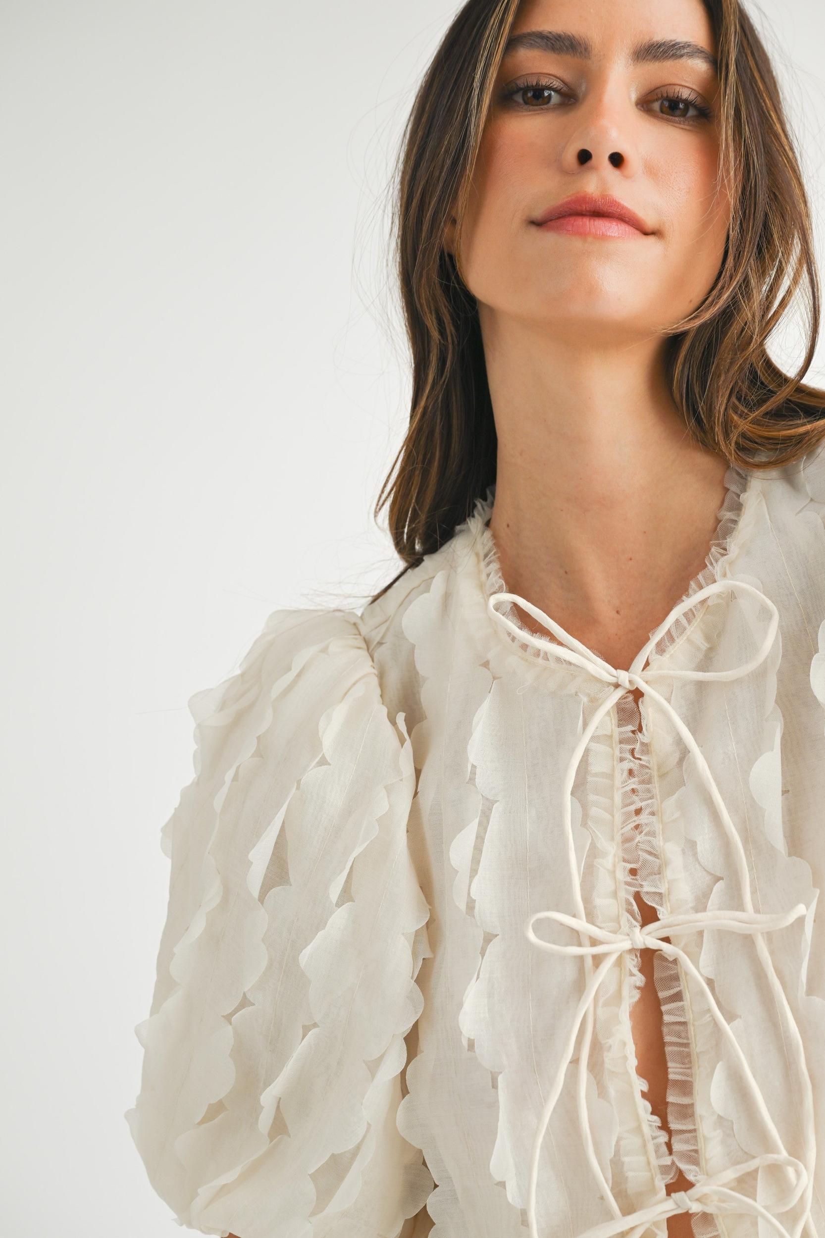 Textured Scallop Puff Sleeve Blouse Top Product Image