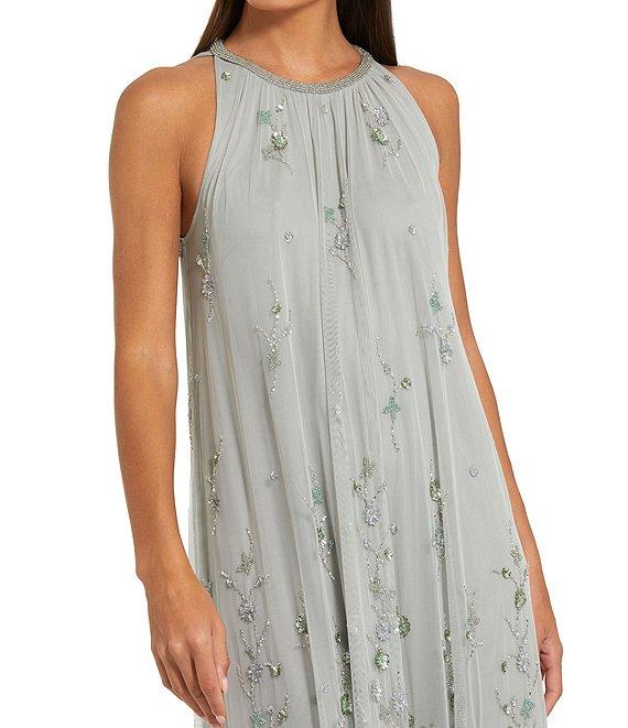 Mac Duggal 3D Floral Embellished Mesh High Neck Sleeveless Beaded Waist Trapeze Gown Product Image