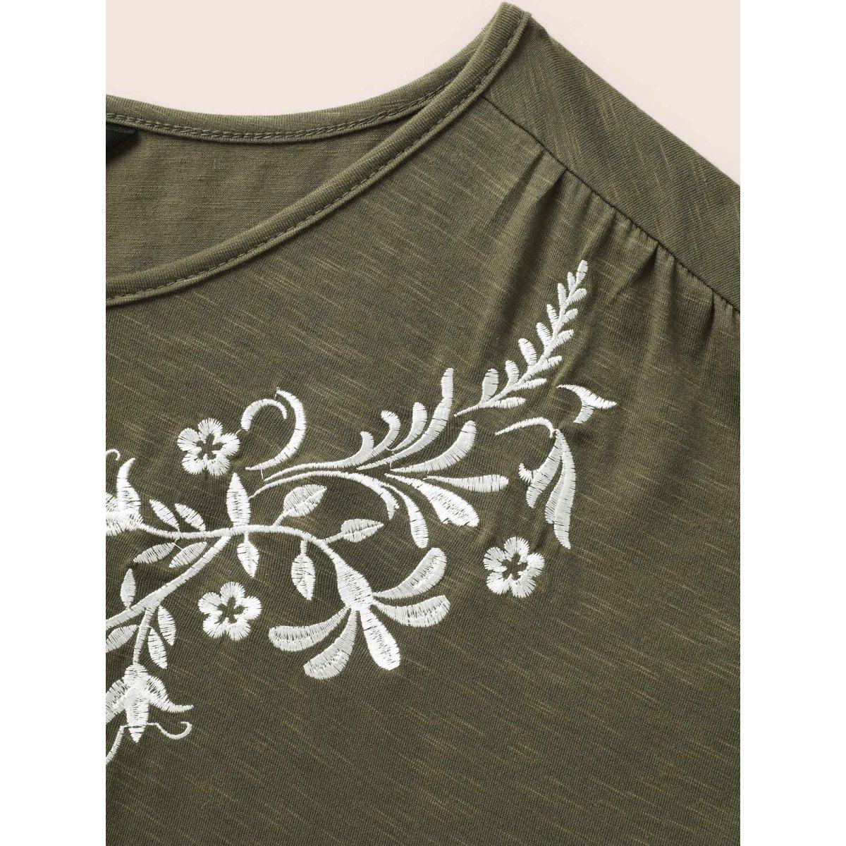 Plus Size Floral Embroidered Tie Knot Dolman Sleeve T-shirt ArmyGreen Women Resort Tie knot Art&design V-neck Vacation T-shirts BloomChic 26/4X Product Image
