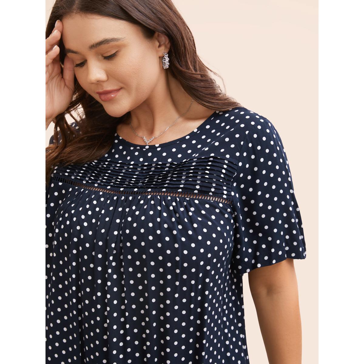Plus Size Indigo Polka Dot Split Hem Pleated Blouse Women Elegant Cap Sleeve Round Neck Everyday Blouses BloomChic 12/L Product Image