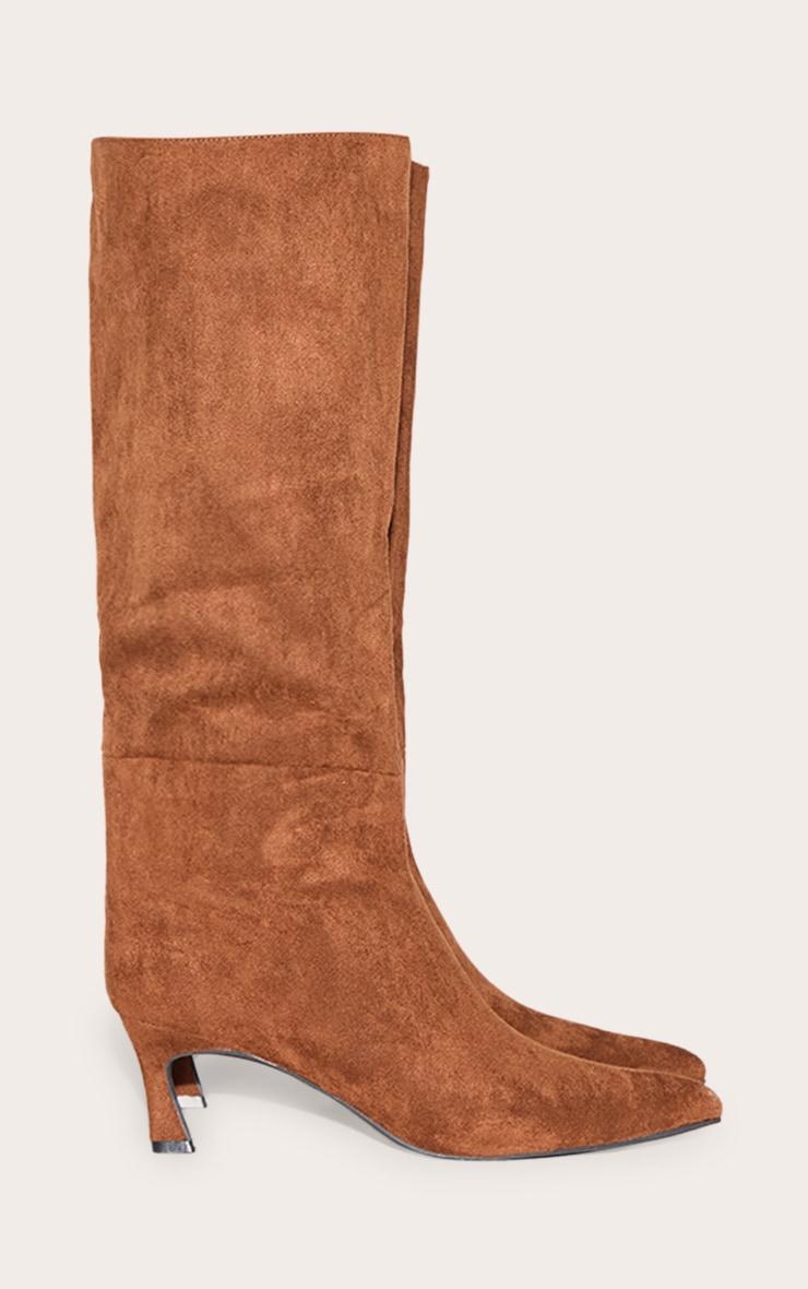 Chocolate Faux Suede Point Toe Mid Heeled Knee High Boots Product Image