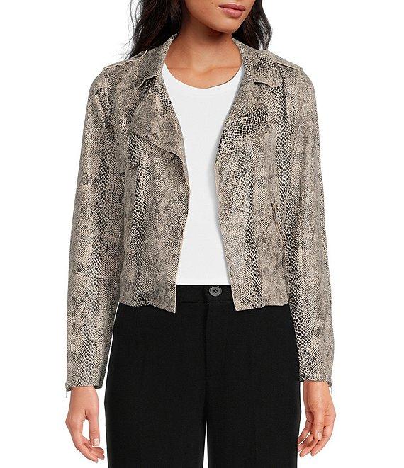 Skies Are Blue Soft Faux Suede Snake Print Notch Lapel Long Sleeve Open Front Moto Statement Jacket Product Image