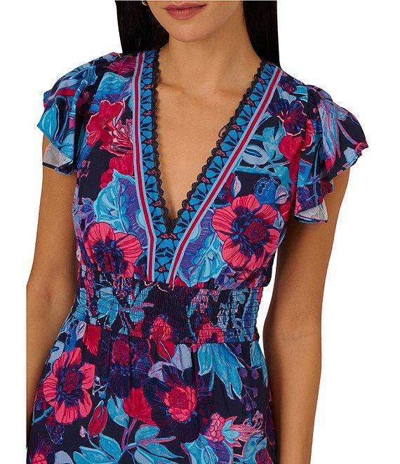 Adrianna by Adrianna Papell Floral V-Neckline Flutter Cap Sleeve Midi Dress Product Image