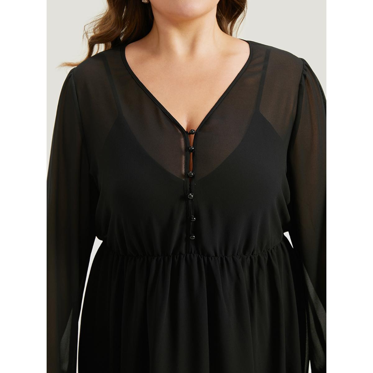 Plus Size Halloween Patchwork Chiffon Mesh Button Up Fuzzy Trim Dress Black Women Elegant Plain V-neck Long Sleeve Curvy Midi Dress BloomChic 18-20/2X Product Image