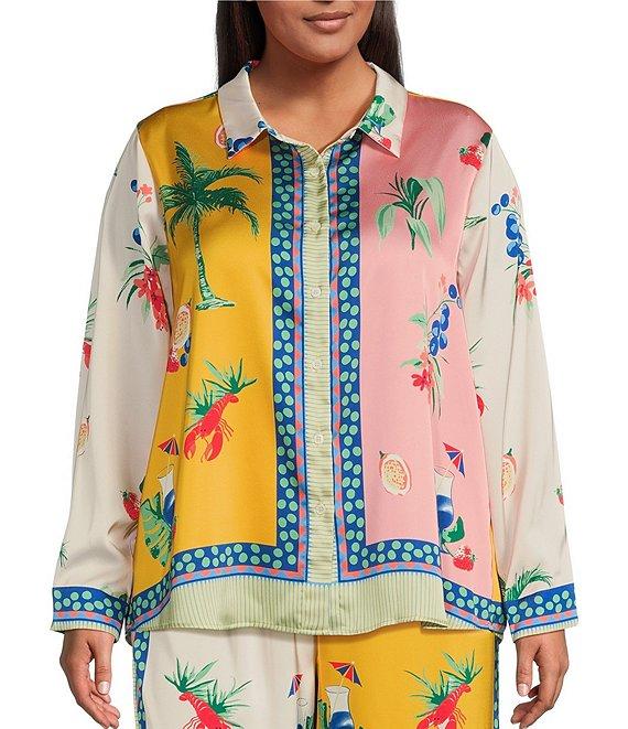 Skies Are Blue Plus Size Coordinating Border Print Long Sleeve Woven Blouse Product Image