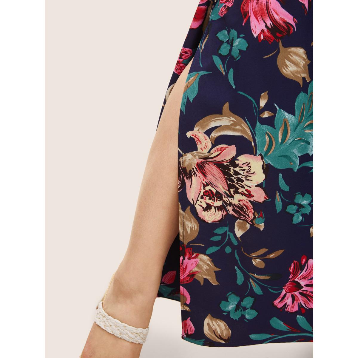 Plus Size Floral Elastic Waist Split Hem Wide Leg Pants Women Indigo Resort Wide Leg High Rise Vacation Pants BloomChic 26/4X Product Image