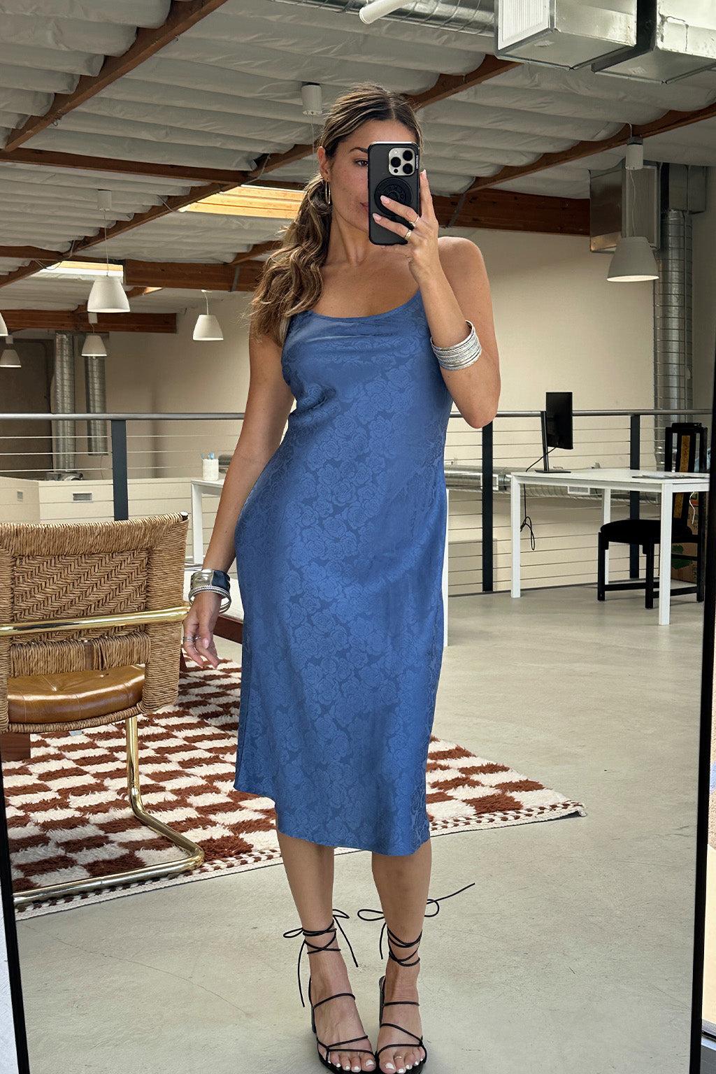 Aubrey Blue Satin Jacquard Midi Dress Product Image