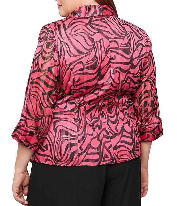 Alex Evenings Plus Size 3/4 Sleeve Collared Neck Tie Waist Printed Blouse Product Image