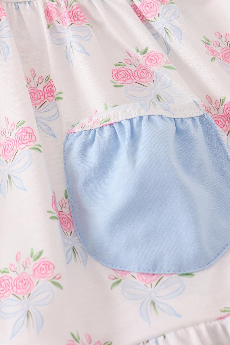 Blue floral bow print ruffle shorts set Product Image
