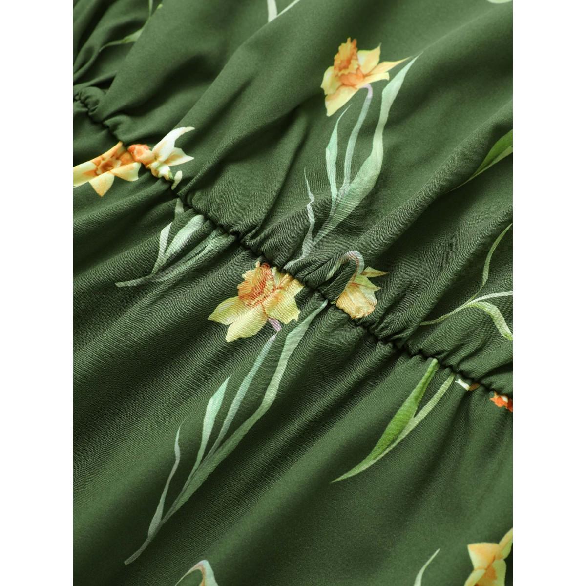 Plus Size Floral Print Gathered Elastic Waist Midi Dress Moss Women Elegant Non Round Neck Short sleeve Curvy Midi Dress BloomChic 10/M Product Image