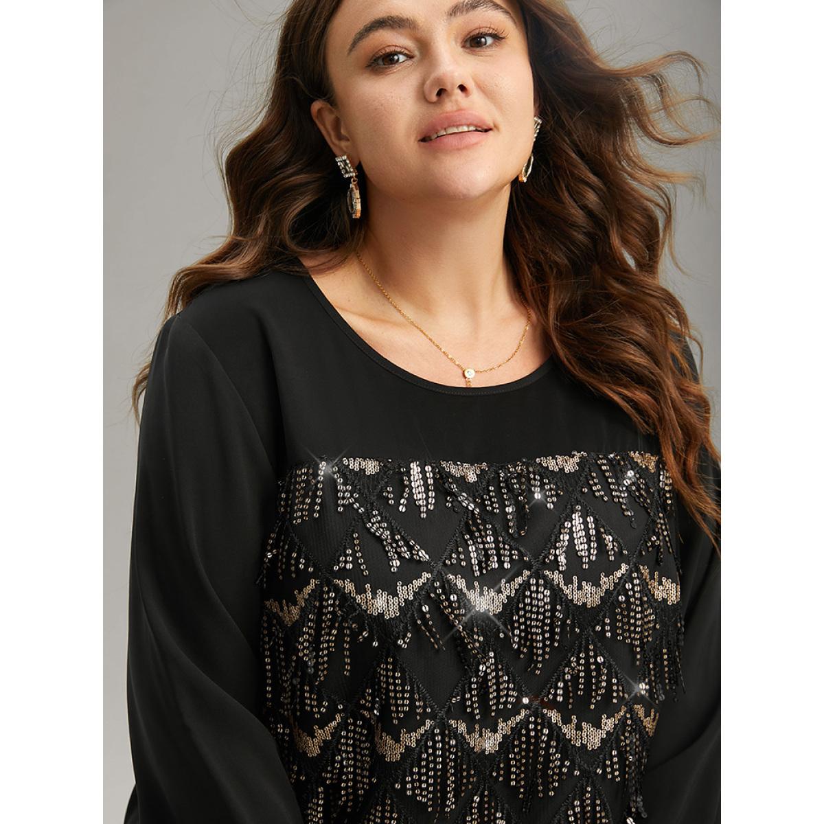 Plus Size Black Sequin Tassel Trim Patchwork Lantern Sleeve Blouse Women Glamour Long Sleeve Round Neck Party Blouses BloomChic 22-24/3X Product Image