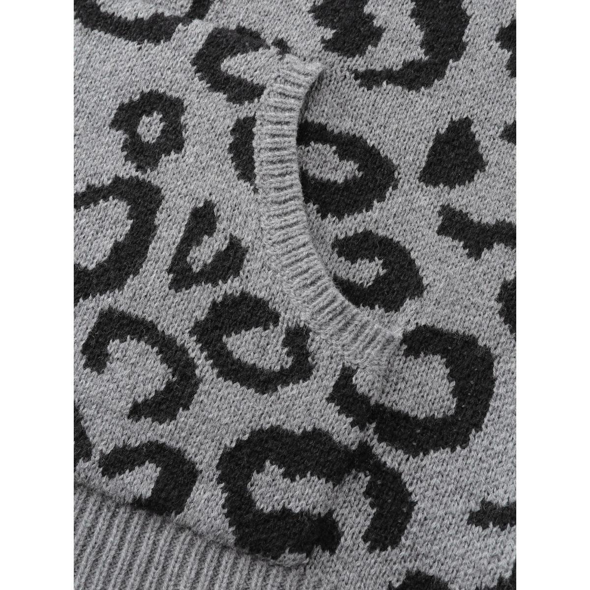 Plus Size Leopard Print Jacquard Hooded Knit Cardigan DarkGray Women Leisure Loose Long Sleeve Casual Cardigans BloomChic 14-16/1X Product Image