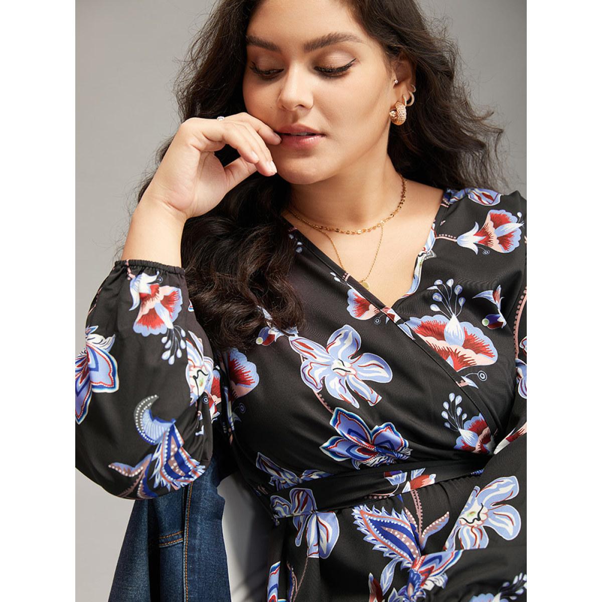 Plus Size Floral Print Elastic Cuffs Belted Dress Black Women Elegant Elastic cuffs V-neck Long Sleeve Curvy Midi Dress BloomChic 18-20/2X Product Image