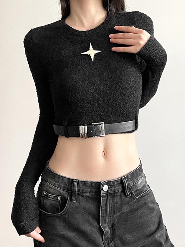 Metal Star Decor Belted Hem Cropped Long Sleeve Knit Product Image