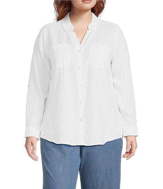 Westbound Plus Size 3/4 Roll-Tab Sleeve Point Collar Y-Neck Button Front Shirt Product Image
