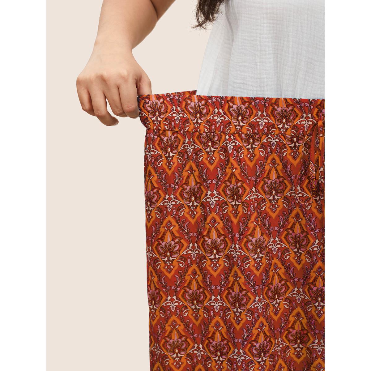 Plus Size Boho Print Elastic Waist Button Detail Skirt Women Crimson Resort Non No stretch Slanted pocket Vacation Skirts BloomChic 26/4X Product Image