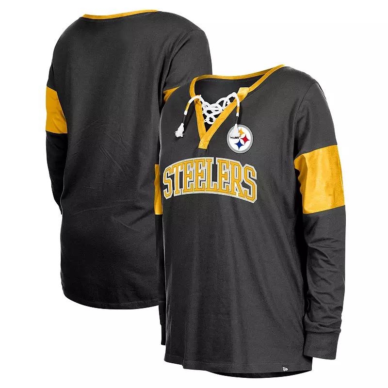 Women's New Era Black Pittsburgh Steelers Lace-Up Notch-Neck Long Sleeve T-Shirt,  Product Image