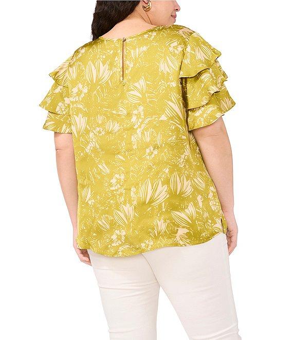Vince Camuto Plus Size Absrtact Floral Woven Round Neck Tiered Ruffle Short Sleeve Blouse Product Image