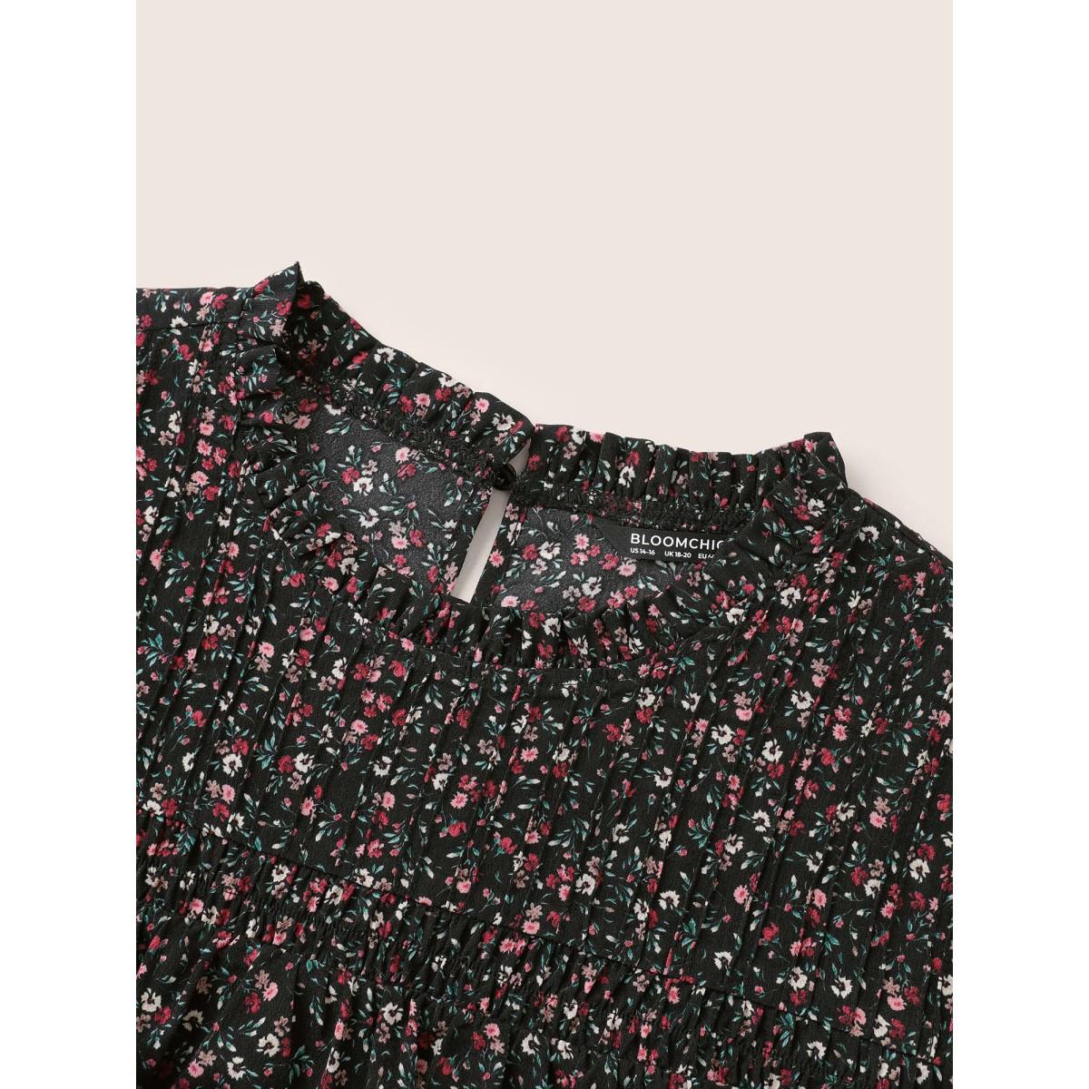 Plus Size Black Ditsy Floral Plicated Detail Frill Trim Blouse Women Timeless Short sleeve Round Neck Elegant Blouses BloomChic 30/6X Product Image