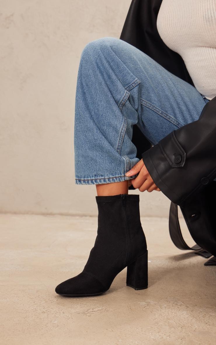 Black Faux Suede Wide Fit Round Toe Heeled Ankle Sock Boots Product Image