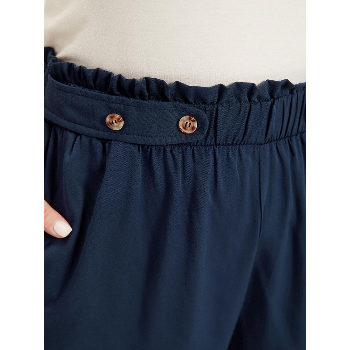 Plus Size Plain Pocket Paperbag Waist Button Detail Pants Women Indigo Elegant Straight Leg High Rise Dailywear Pants BloomChic 10/M Product Image