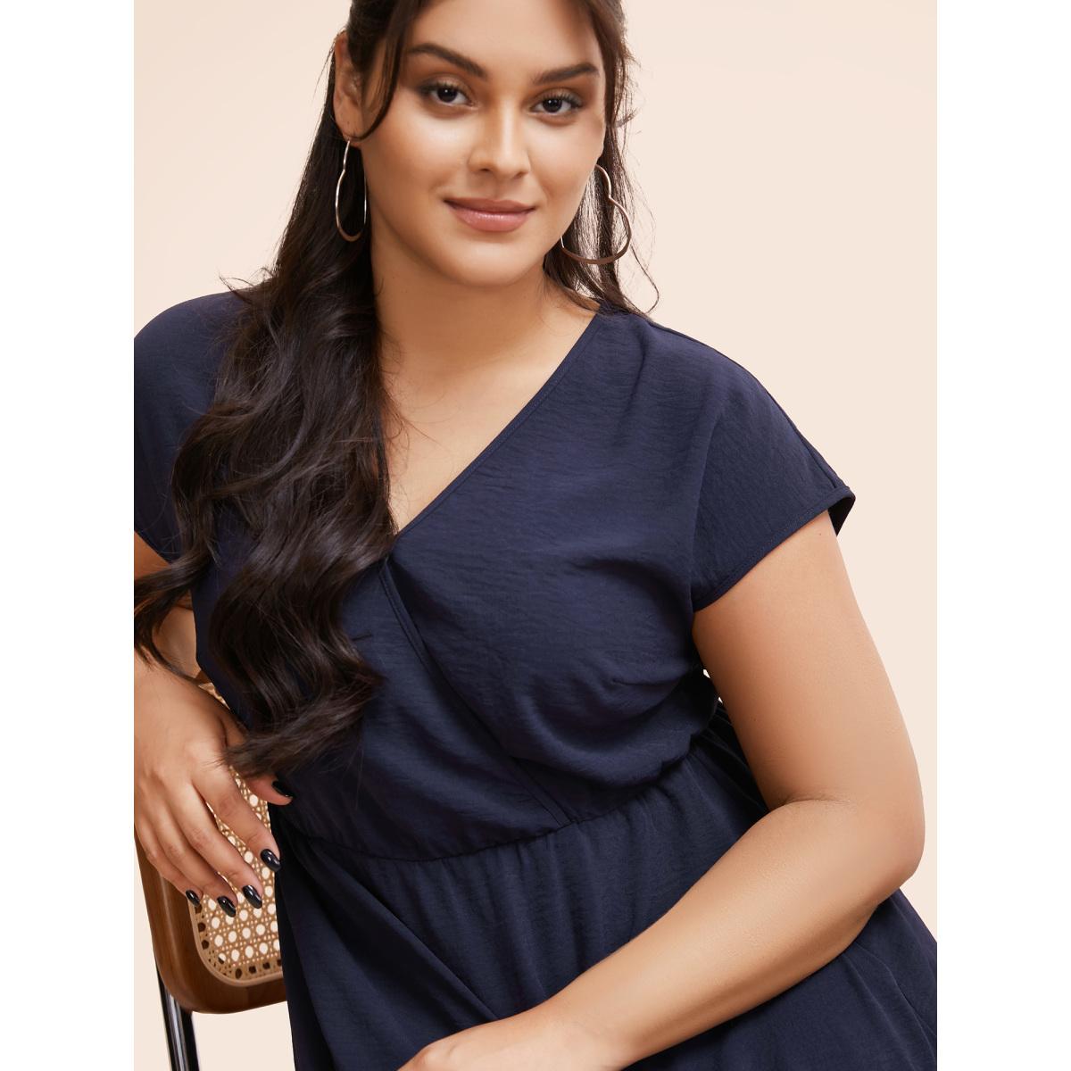Plus Size Colorblock Contrast Pocket Wrap Flutter Tiered Tank Dress DarkBlue Women Casual Wrap V-neck Cap Sleeve Curvy Midi Dress BloomChic 10/M Product Image
