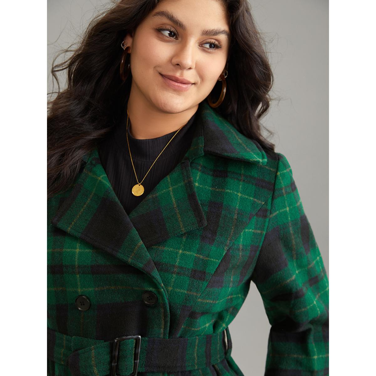 Plus Size Double Breasted Lapel Collar Pocket Belted Jacket Women DarkGreen Belted Pocket Belt Dailywear Jackets BloomChic 12/L Product Image