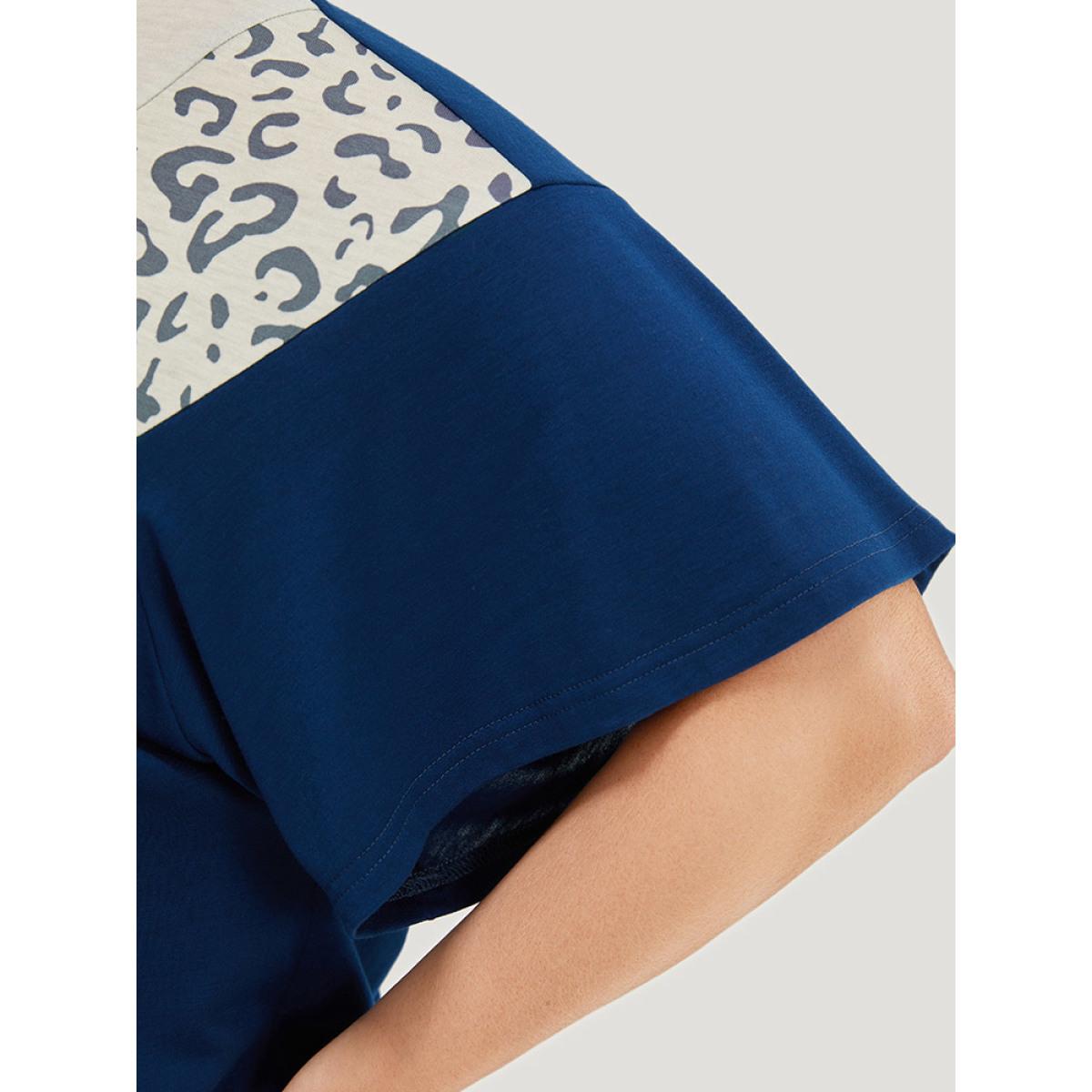 Plus Size Leopard Contrast Batwing Sleeve Patchwork T-shirt Indigo Women Casual Contrast Colorblock Round Neck Dailywear T-shirts BloomChic 30/6X Product Image