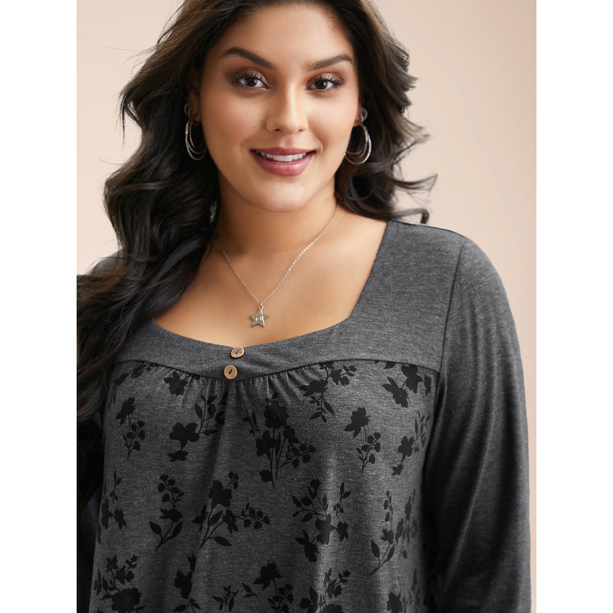 Plus Size Floral Spliced Heart Neckline Gathered T-Shirt DimGray Women Leisure Gathered Heart neckline Casual T-shirts BloomChic 18-20/2X Product Image