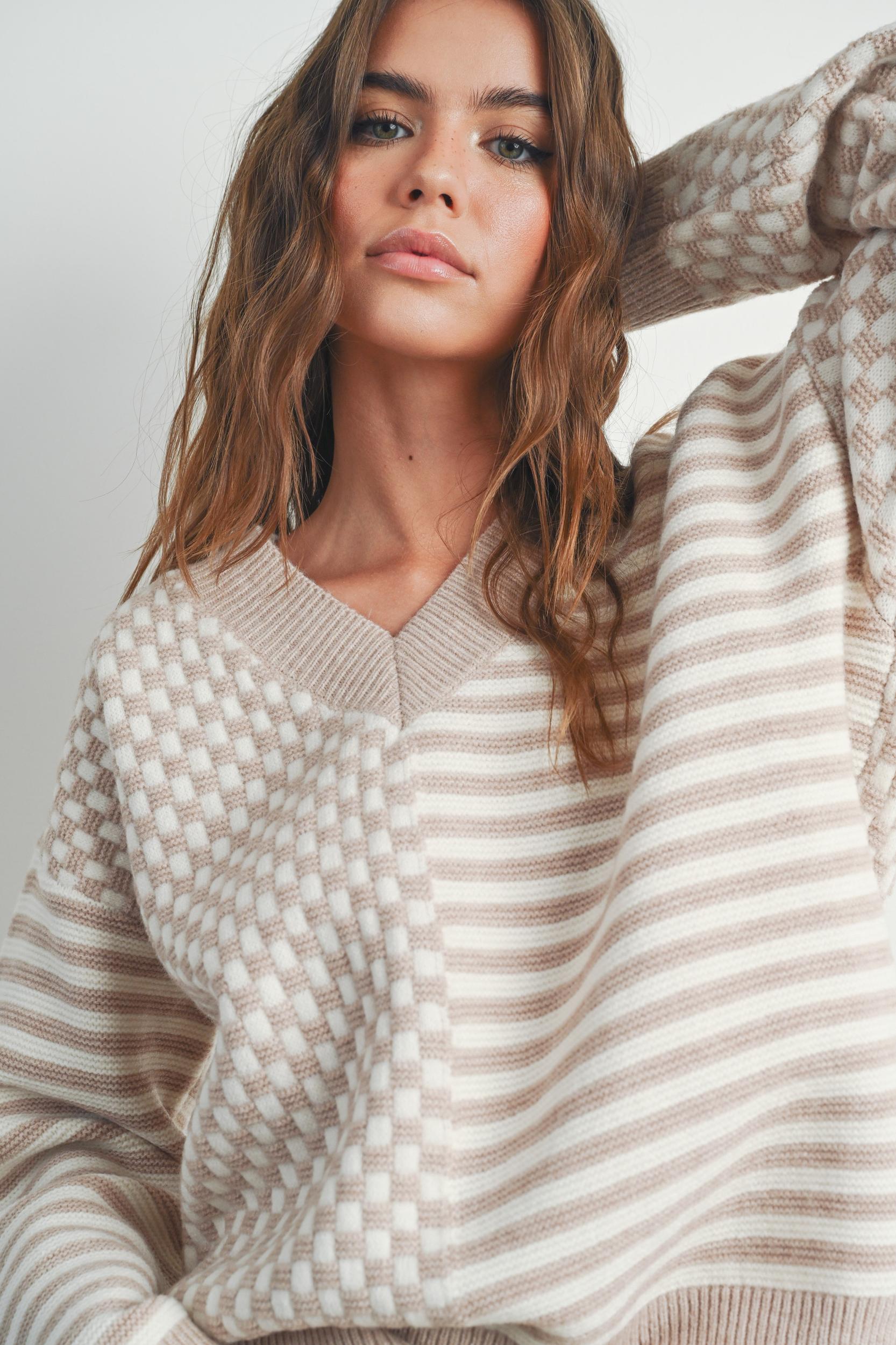Checker V neck Cozy Sweater Product Image