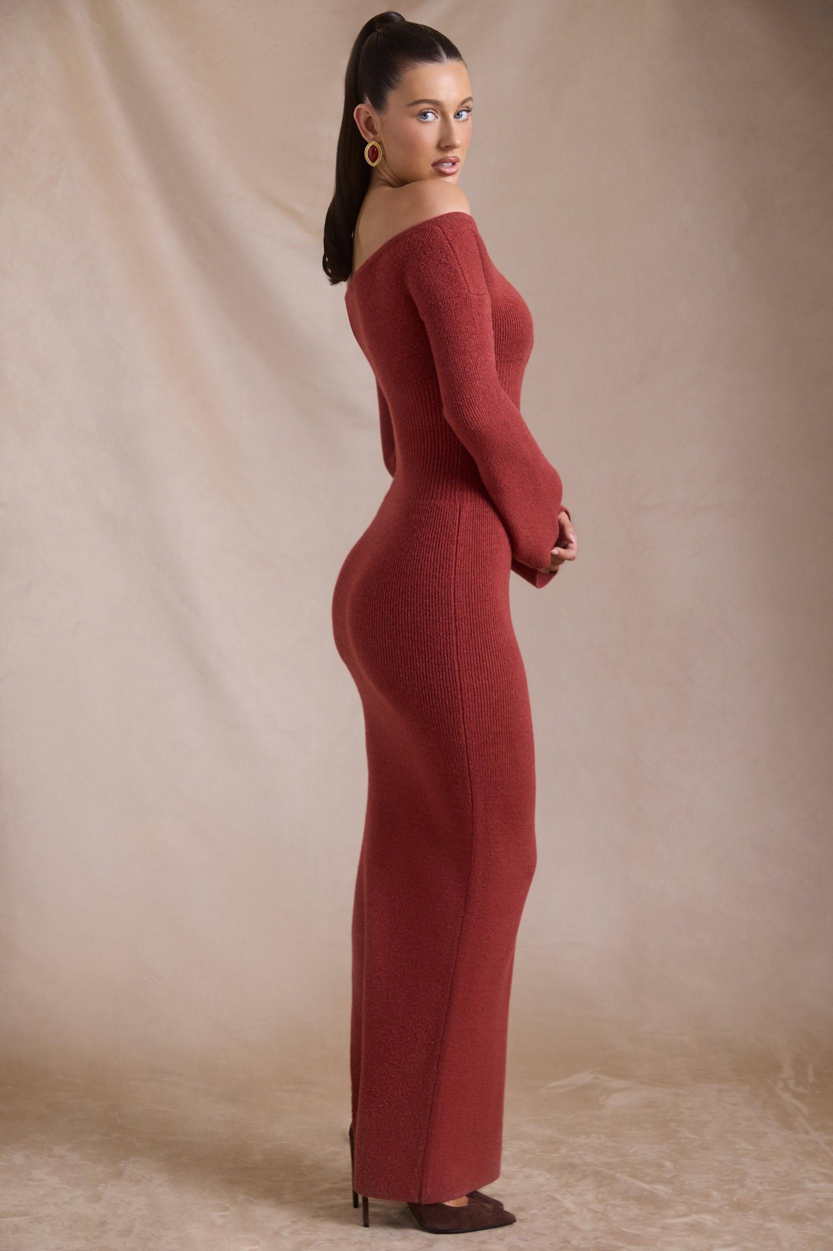 Ribbed-Knit Off-Shoulder Maxi Dress in Brick Red Product Image