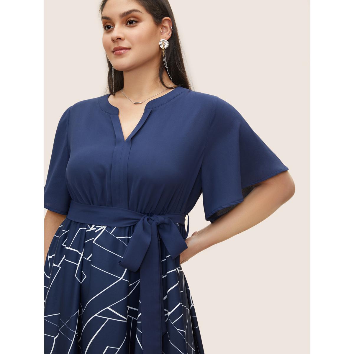 Plus Size Geometric Flat Collar With V Notch Belted Dress Indigo Women At the Office Belted Flat collar with V-notch Short sleeve Curvy Midi Dress BloomChic 18-20/2X Product Image