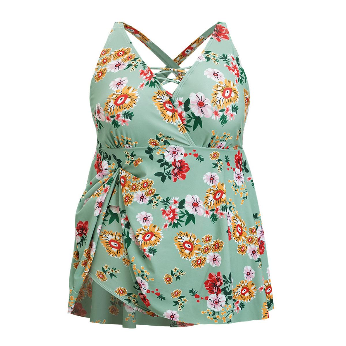 Plus Size Floral Crisscross Surplice Neck Flutter Hem Swim Dress Women's Swimwear Mint Vacation Bodycon V-neck High stretch Curve Swim Dresses BloomChic 14-16/1X Product Image