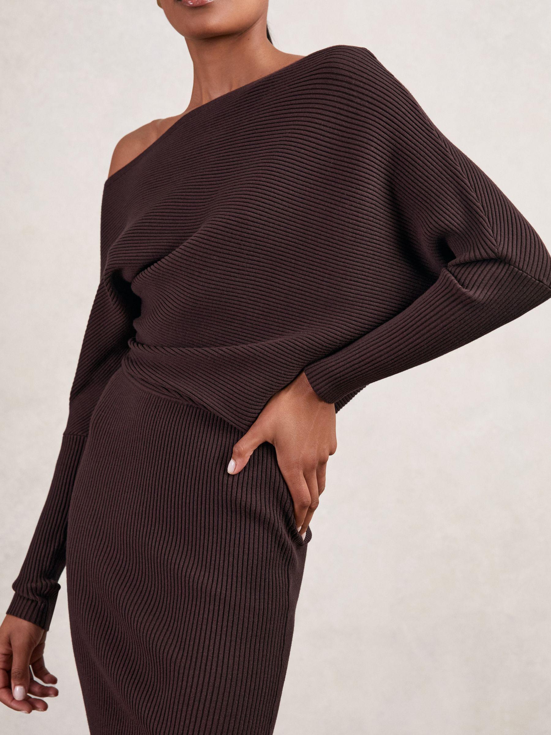 Off-The-Shoulder Ribbed Midi Dress in Plum Purple Product Image