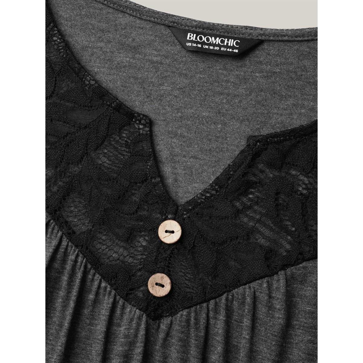 Plus Size Lace Neck Buttons Pleated T-Shirt DimGray Women Elegant Gathered Notched collar Everyday T-shirts BloomChic 18-20/2X Product Image