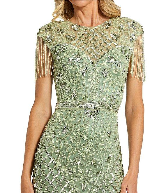 Mac Duggal Sequin Embellished Crew Neck Cap Sleeve Sequin Belt Beaded Fringe Sheath Gown Product Image