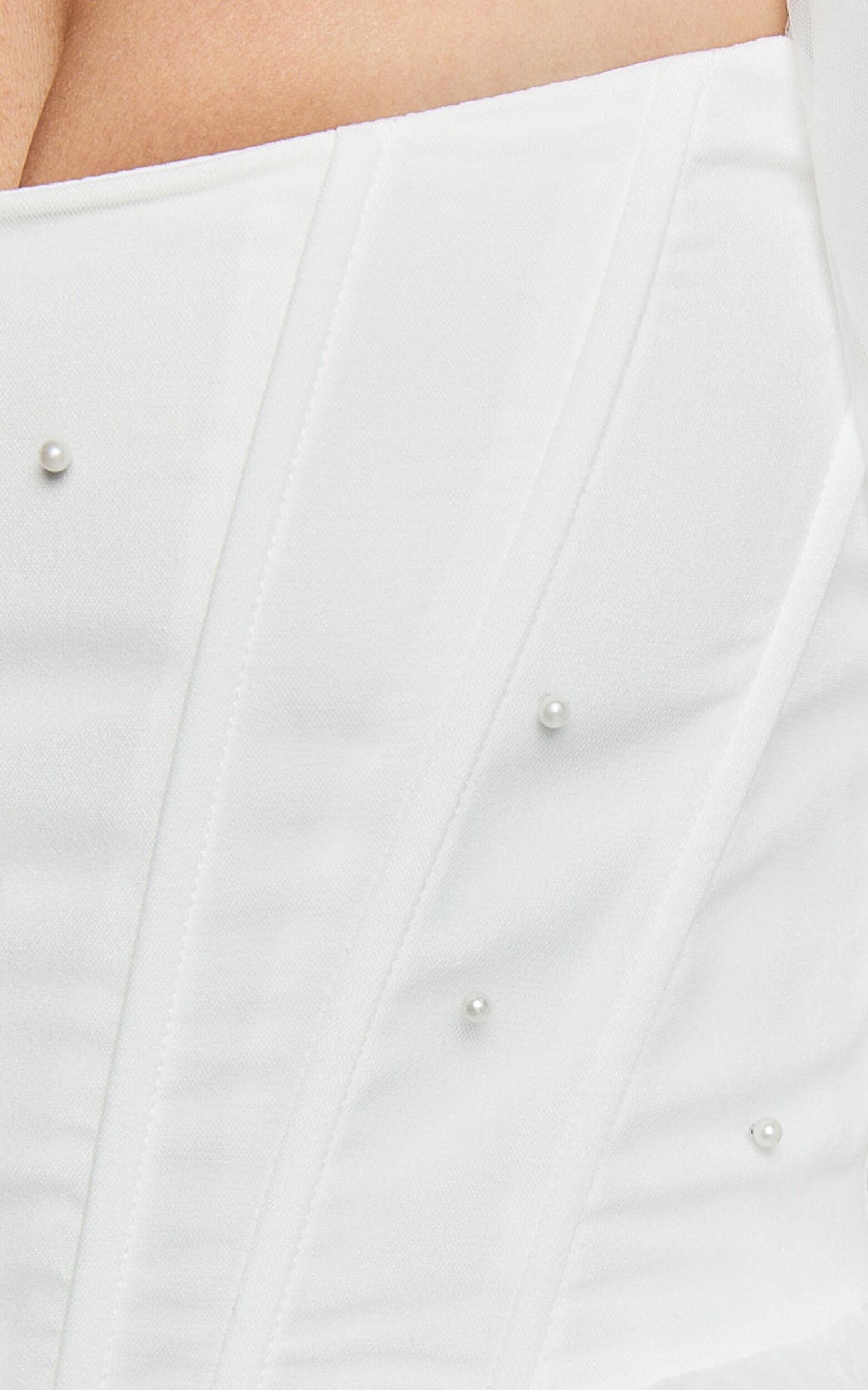 Ingrid Mini Dress - Long Puff Sleeve Pearl Detail Dress in White Product Image