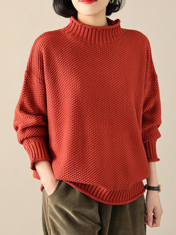 Casual Loose Long Sleeves Solid Color High-Neck Sweater Tops Product Image