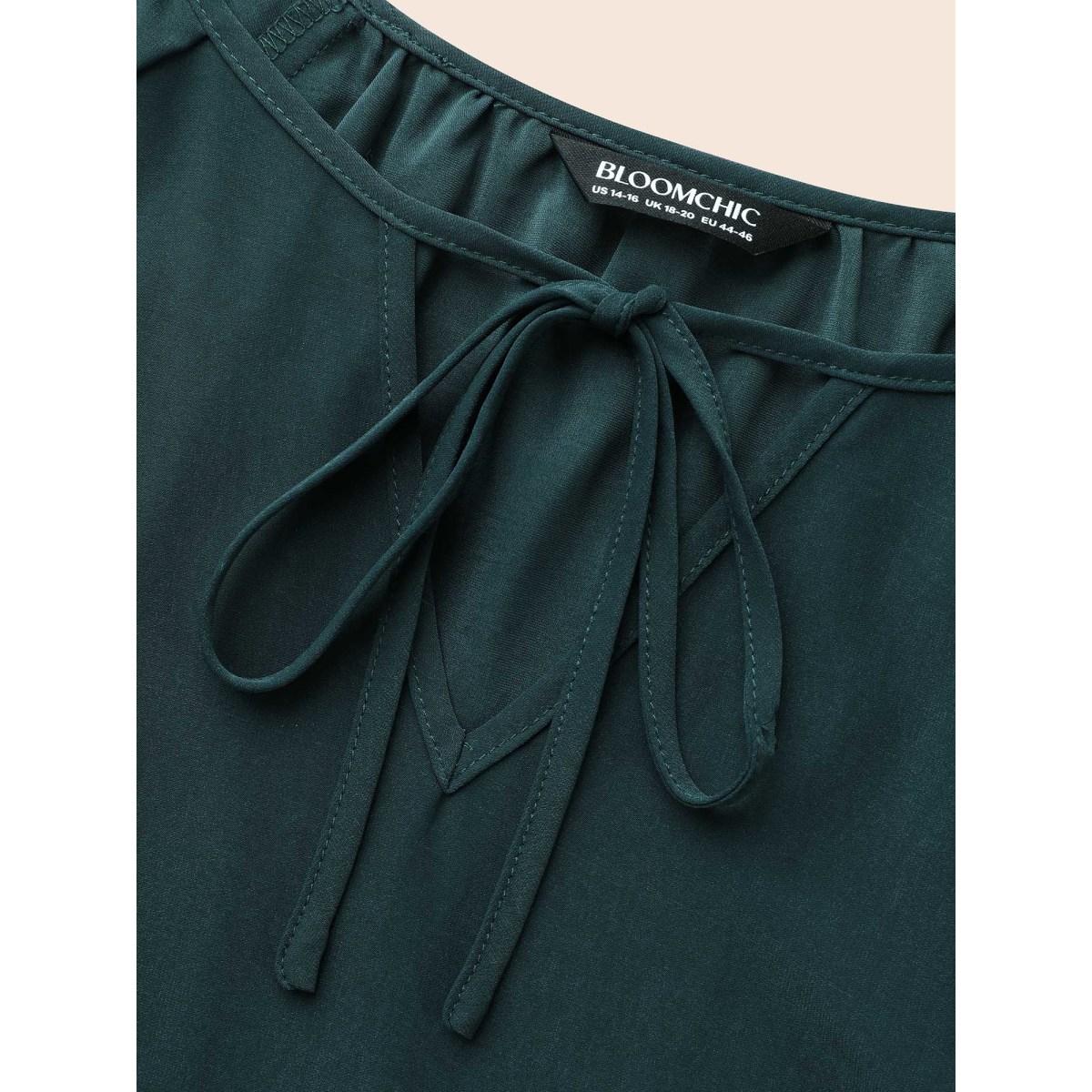 Plus Size DarkGreen Broderie Anglaise Gathered Tie Knot Blouse Women Elegant Elbow-length sleeve V-neck Everyday Blouses BloomChic 18-20/2X Product Image