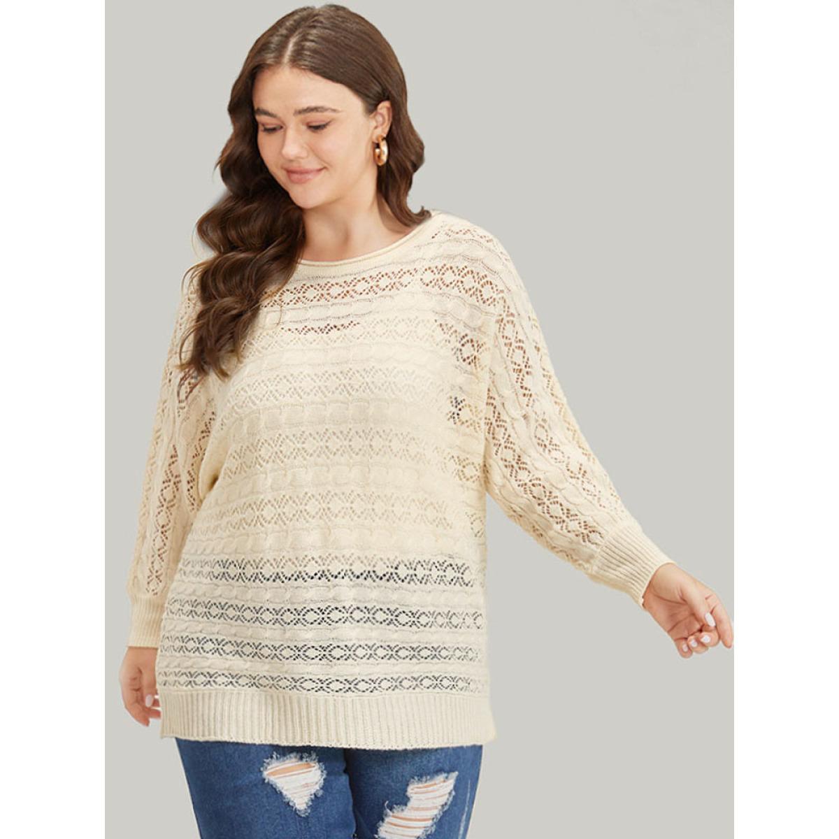 Plus Size Plisse Eyelet Dolman Sleeve Elastic Cuffs Pullover Beige Women Casual Loose Long Sleeve Round Neck Dailywear Pullovers BloomChic 22-24/3X Product Image