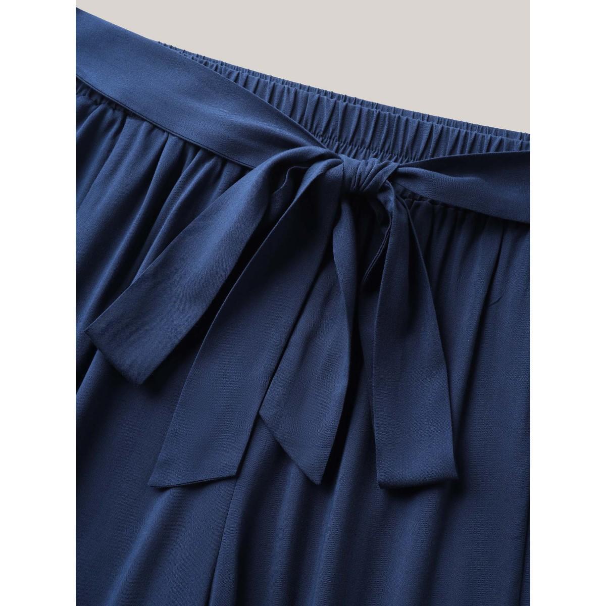 Plus Size Rayon Belted Solid Wide-Leg Pants Women Indigo Boho Wide Leg Mid Rise Vacation Pants BloomChic 14-16/1X Product Image