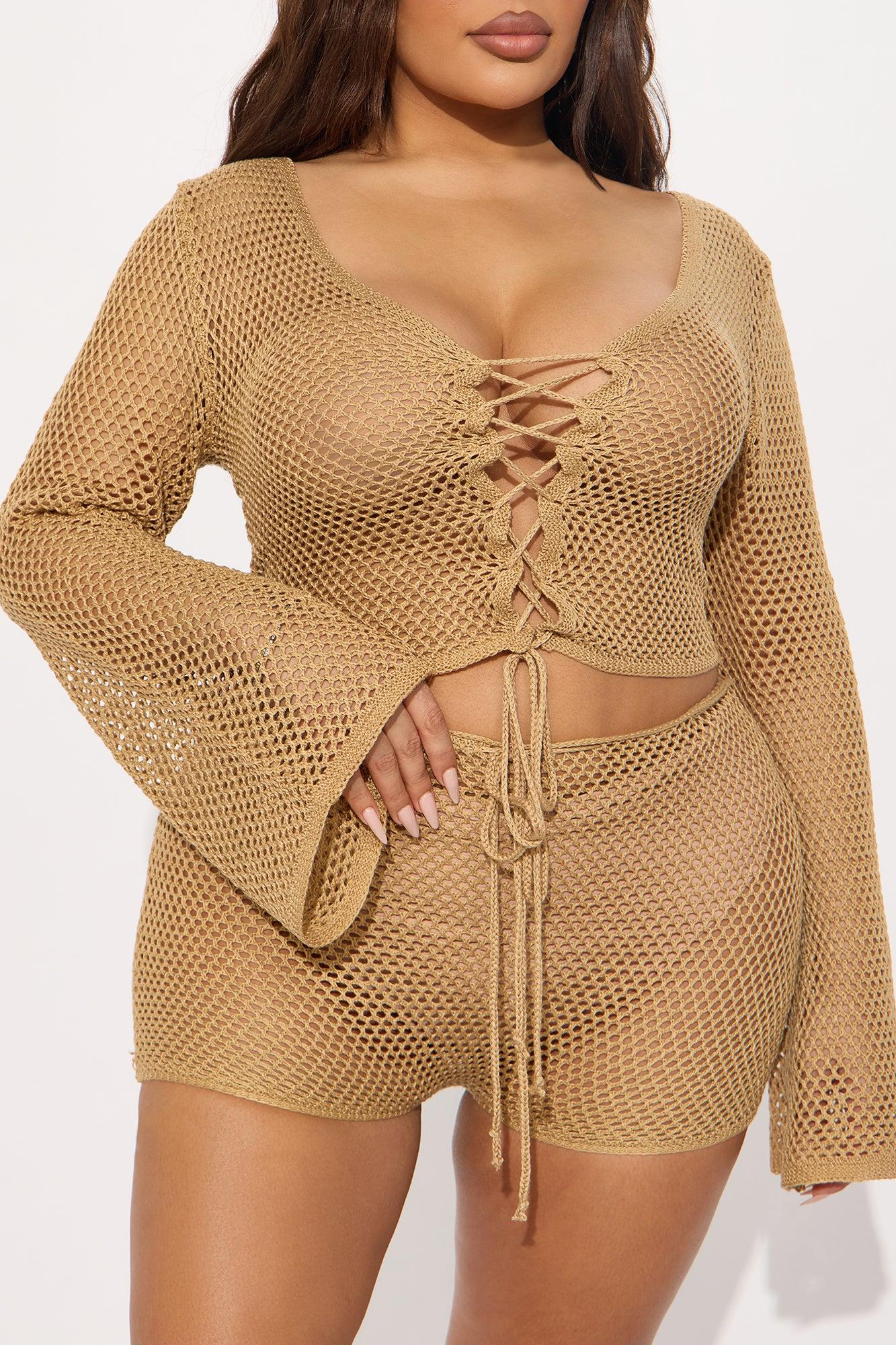 Out All Summer II Crochet Cover Up Set - Taupe Product Image