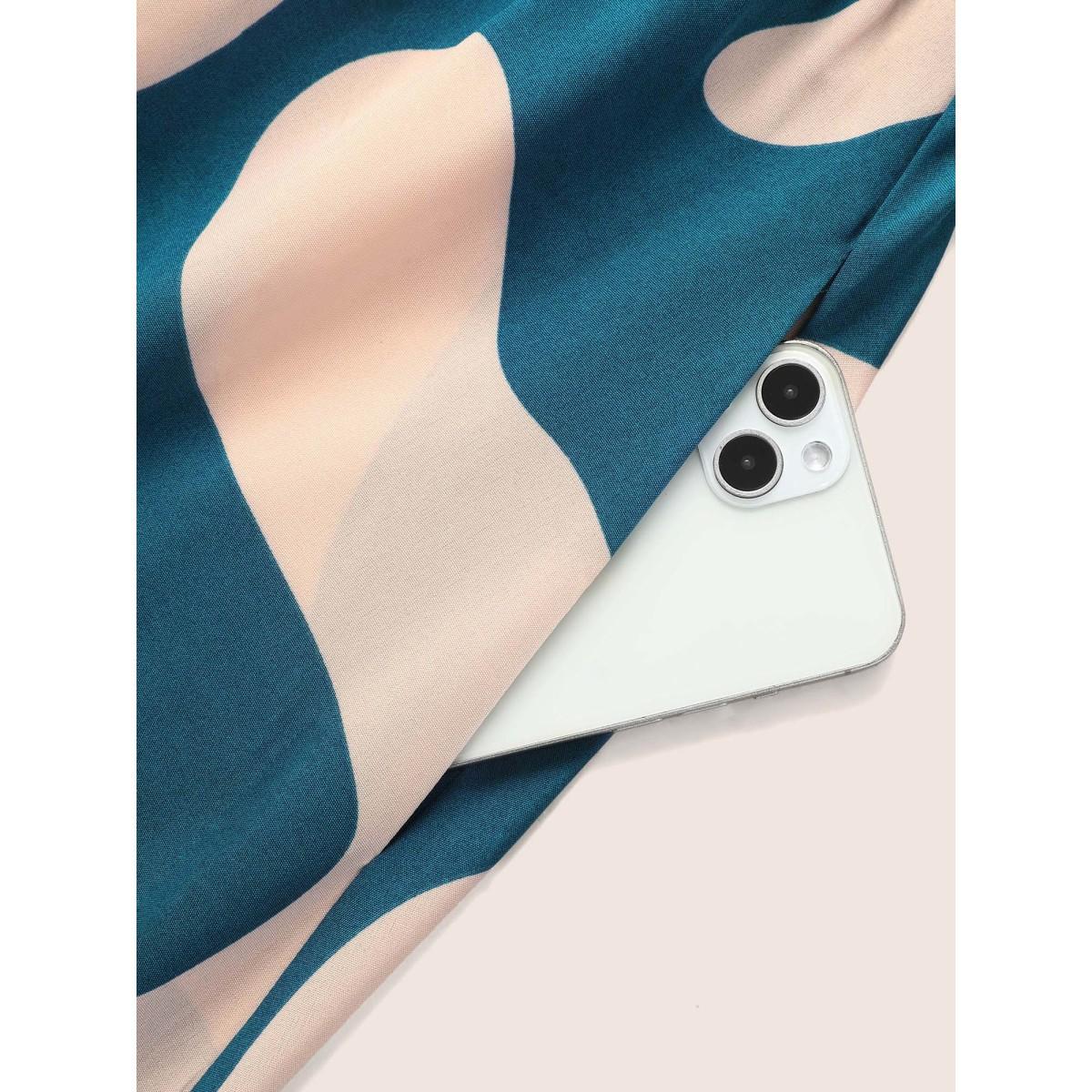 Plus Size Shirt Collar Contrast Geometric Belted Midi Dress Aegean Women At the Office Gathered Shirt collar Half Sleeve Curvy BloomChic 10/M Product Image